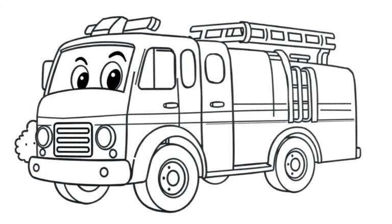 Un amigable camión de bomberos de dibujos animados con una placa de color lista para la acción.