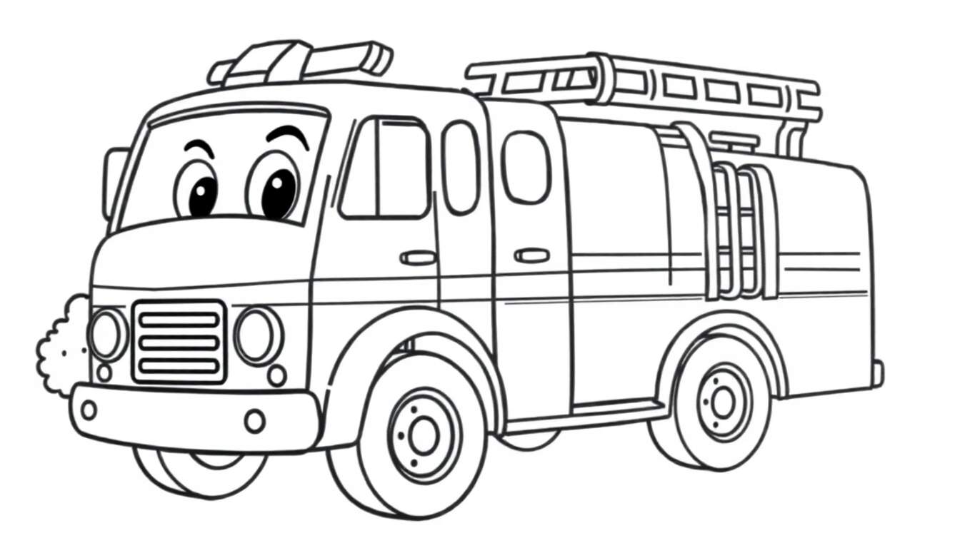 Un amigable camión de bomberos de dibujos animados con una placa de color lista para la acción.