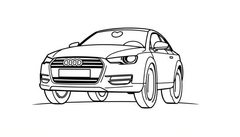 Un coche Audi para colorear, con una placa de color amigable y ruedas grandes.