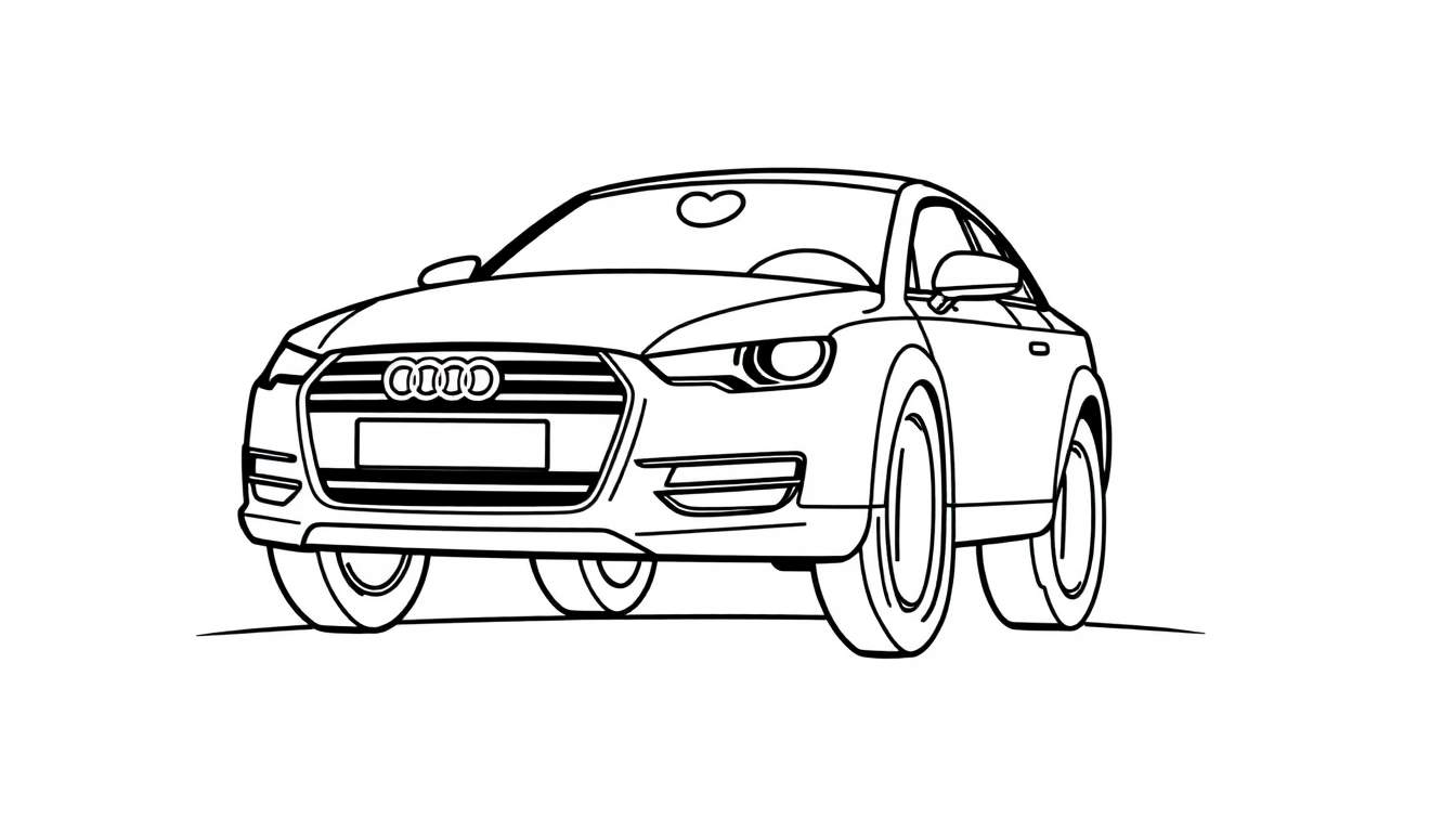 Un coche Audi para colorear, con una placa de color amigable y ruedas grandes.