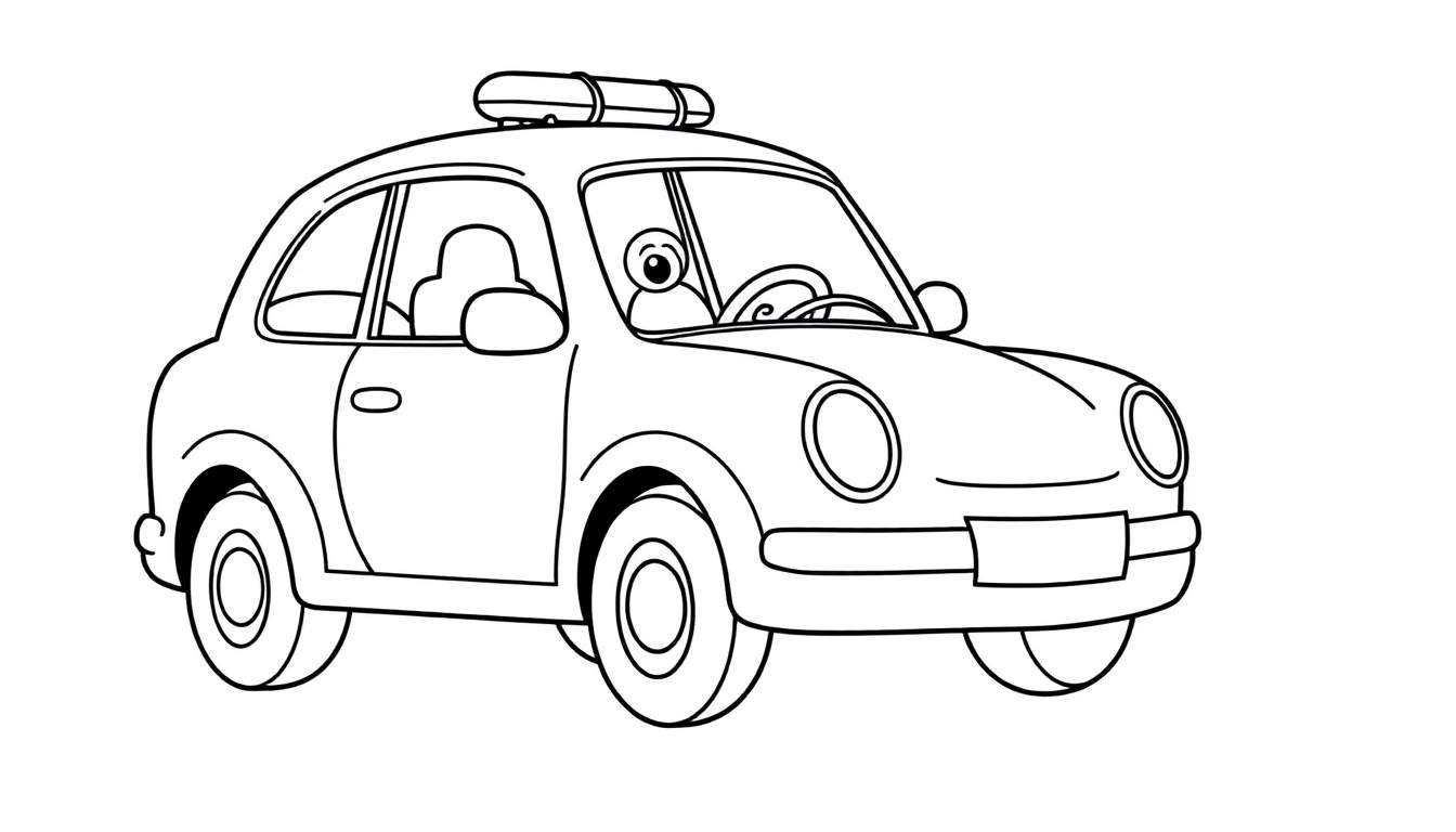 Coche de policía de dibujos animados para colorear con un conductor de un solo ojo, listo para la acción con su placa de color.