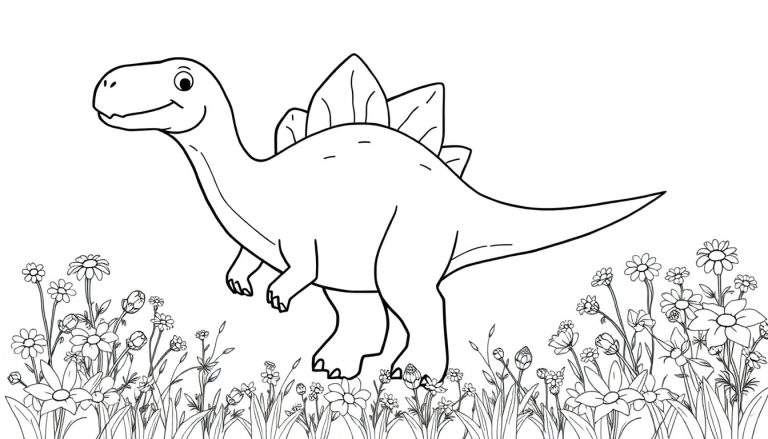 Dinosaurio estegosaurio amigable con placas de color caminando en un campo de flores.