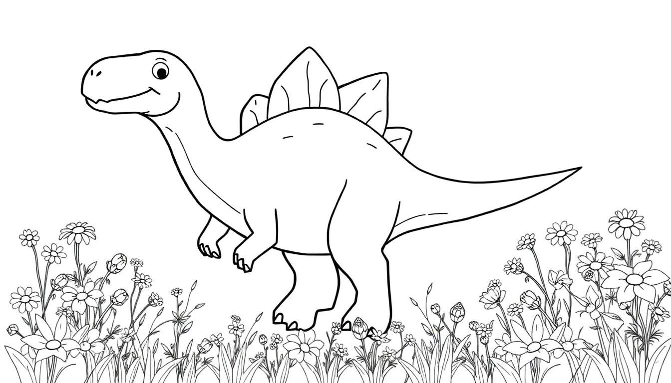 Dinosaurio estegosaurio amigable con placas de color caminando en un campo de flores.