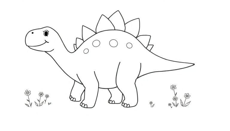 Estegosaurio caricaturesco sonriendo con placas en su espalda, listo para colorear.