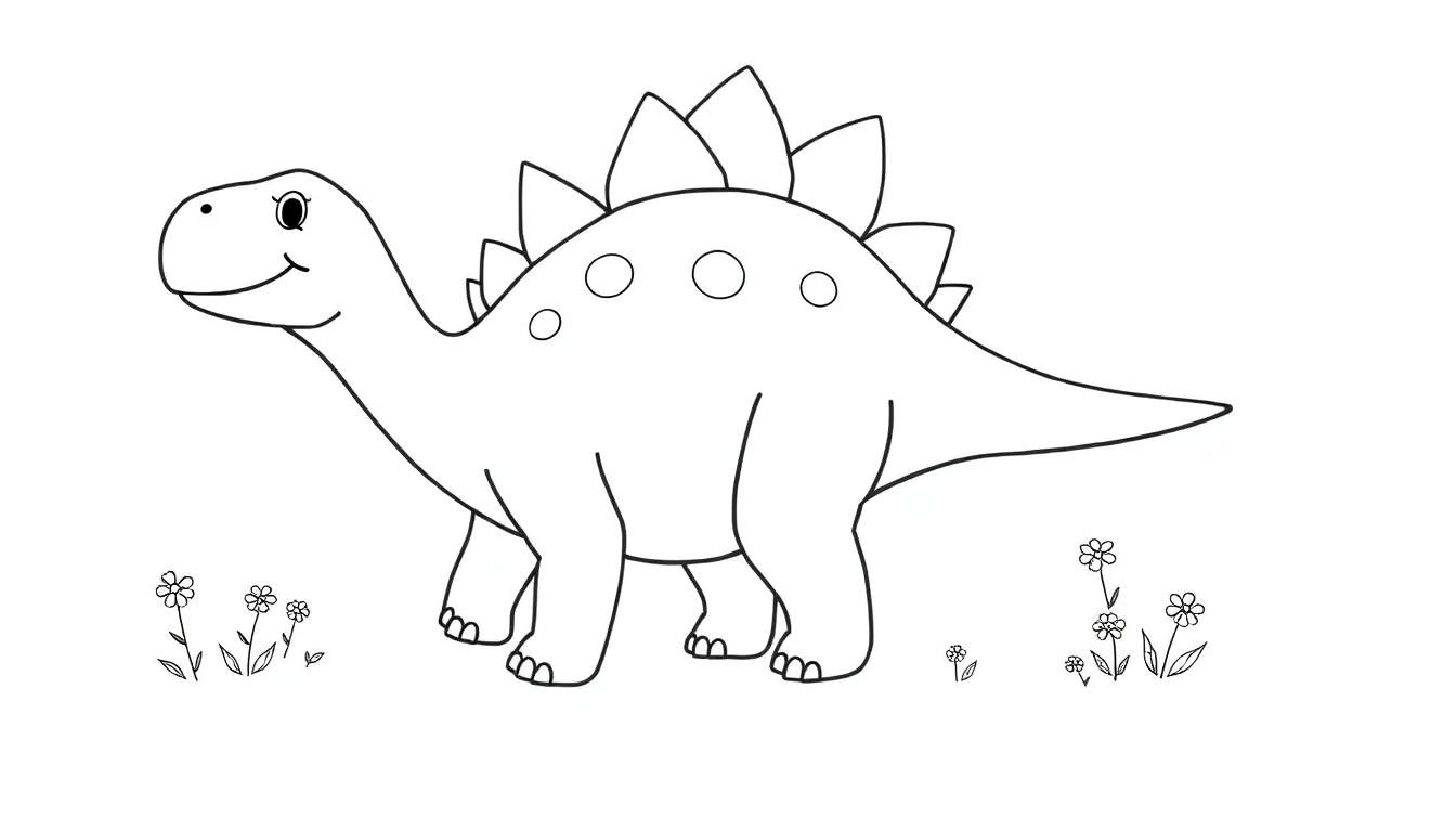 Estegosaurio caricaturesco sonriendo con placas en su espalda, listo para colorear.