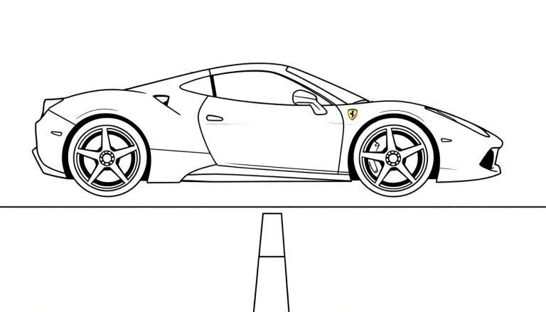 Un coche deportivo rojo para colorear con contorno negro y un cono de tráfico.
