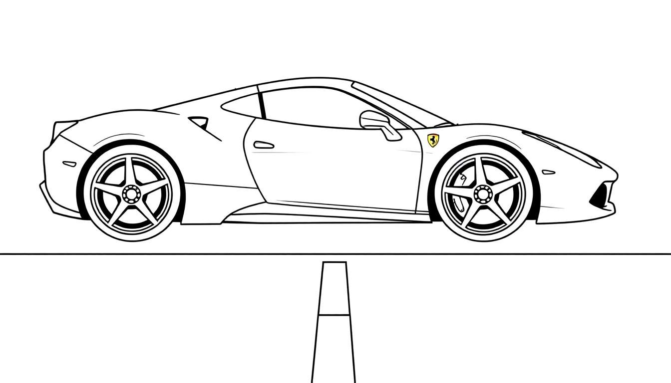 Un coche deportivo rojo para colorear con contorno negro y un cono de tráfico.