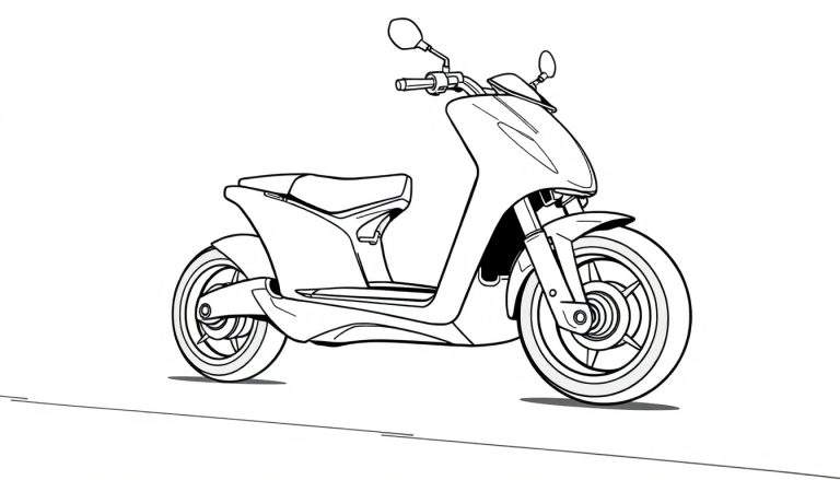 Un patinete blanco y negro con ruedas grandes, listo para colorear.