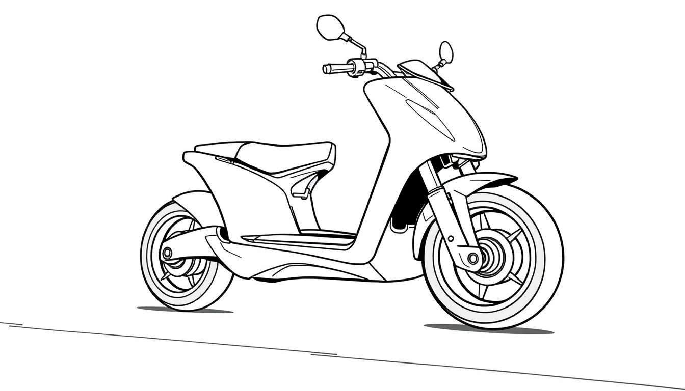 Un patinete blanco y negro con ruedas grandes, listo para colorear.