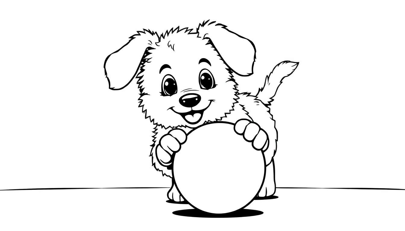 Cachorrito jugando con una pelota grande, listo para colorear en una placa de color.