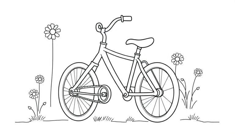 Una bicicleta infantil para colorear, rodeada de flores tipo margarita, con un diseño de línea simple y caricaturesco, sobre un suelo con líneas irregulares. Una invitación a pedalear y añadirle color a esta encantadora placa de color.