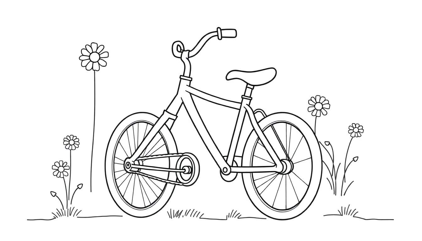 Una bicicleta infantil para colorear, rodeada de flores tipo margarita, con un diseño de línea simple y caricaturesco, sobre un suelo con líneas irregulares. Una invitación a pedalear y añadirle color a esta encantadora placa de color.