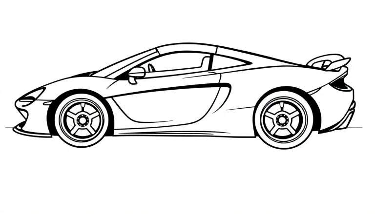 Un coche deportivo McLaren negro y blanco para colorear, listo para pintar, con líneas finas, mostrando su diseño aerodinámico y una placa de color sugerida.