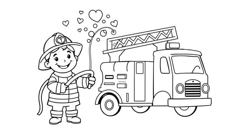 Un bombero infantil listo para jugar con su camión de bomberos, una página para colorear con placa de color.