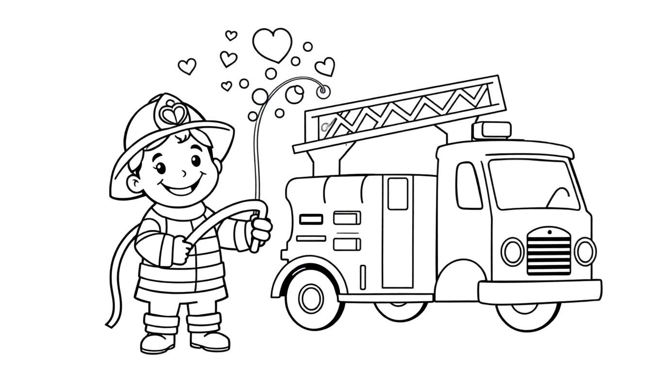 Un bombero infantil listo para jugar con su camión de bomberos, una página para colorear con placa de color.