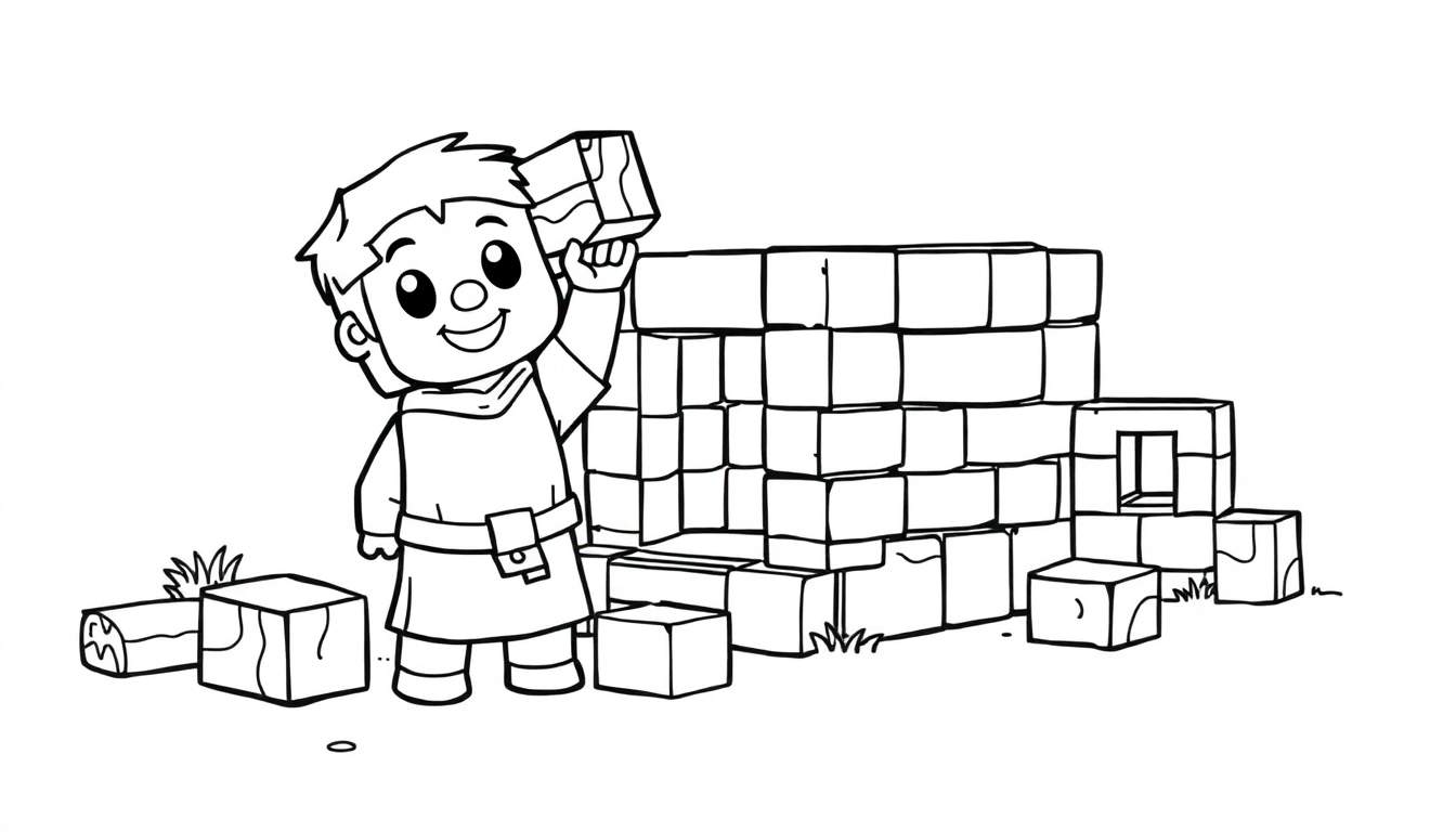 Placa de color de un niño sonriente construyendo una casa de bloques.