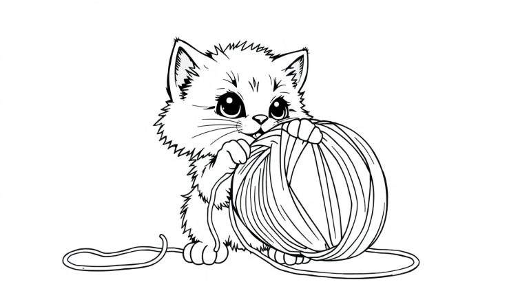 Placa de color: un gatito adorable jugando con una pelota de estambre.