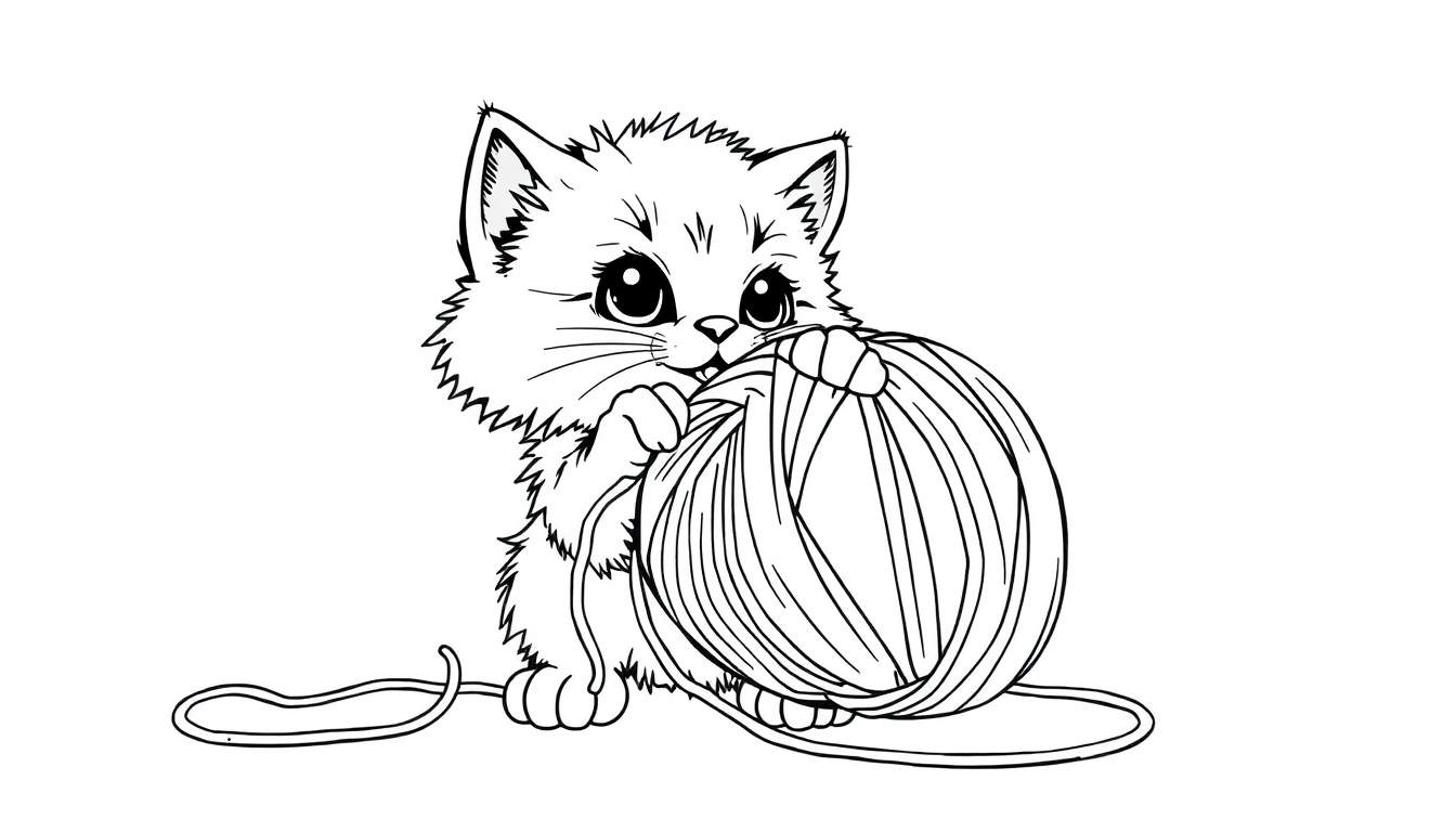 Placa de color: un gatito adorable jugando con una pelota de estambre.