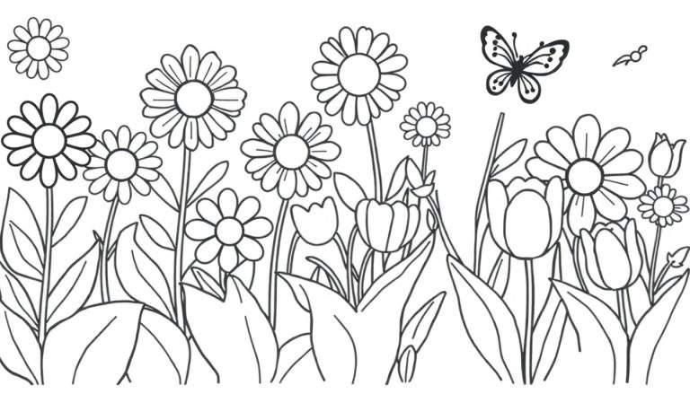 Placa de color de un jardín con flores y mariposa para niños.