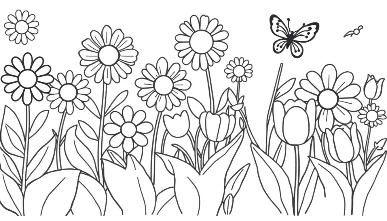 Placa de color de un jardín con flores y mariposa para niños.