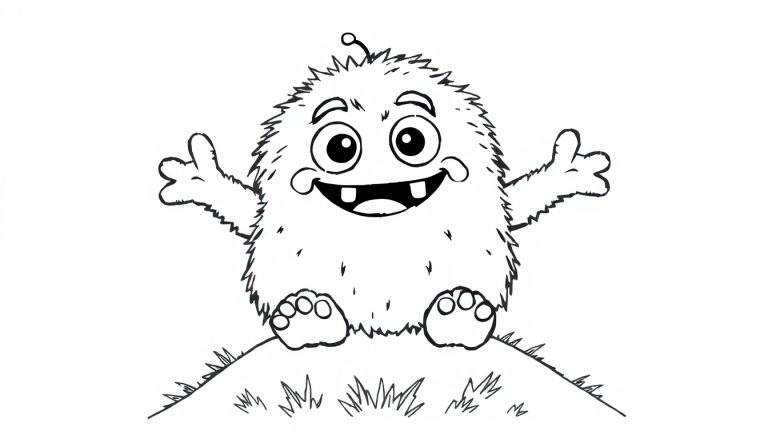 Un amigable monstruo sonriente con grandes ojos y un pequeño apéndice en la cabeza, sobre una colina, listo para ser coloreado en esta placa de color.