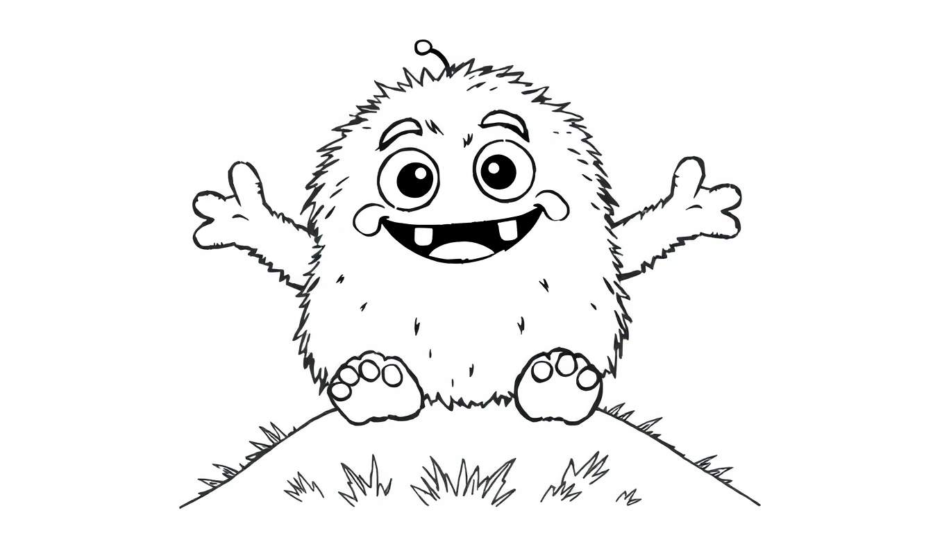 Un amigable monstruo sonriente con grandes ojos y un pequeño apéndice en la cabeza, sobre una colina, listo para ser coloreado en esta placa de color.