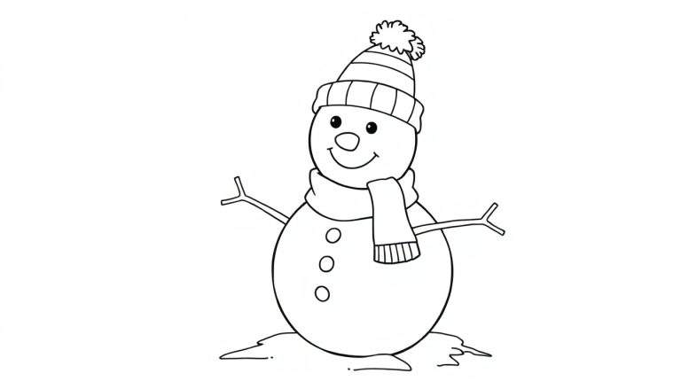 Un muñeco de nieve dibujado en blanco y negro, listo para colorear, con gorro y bufanda.