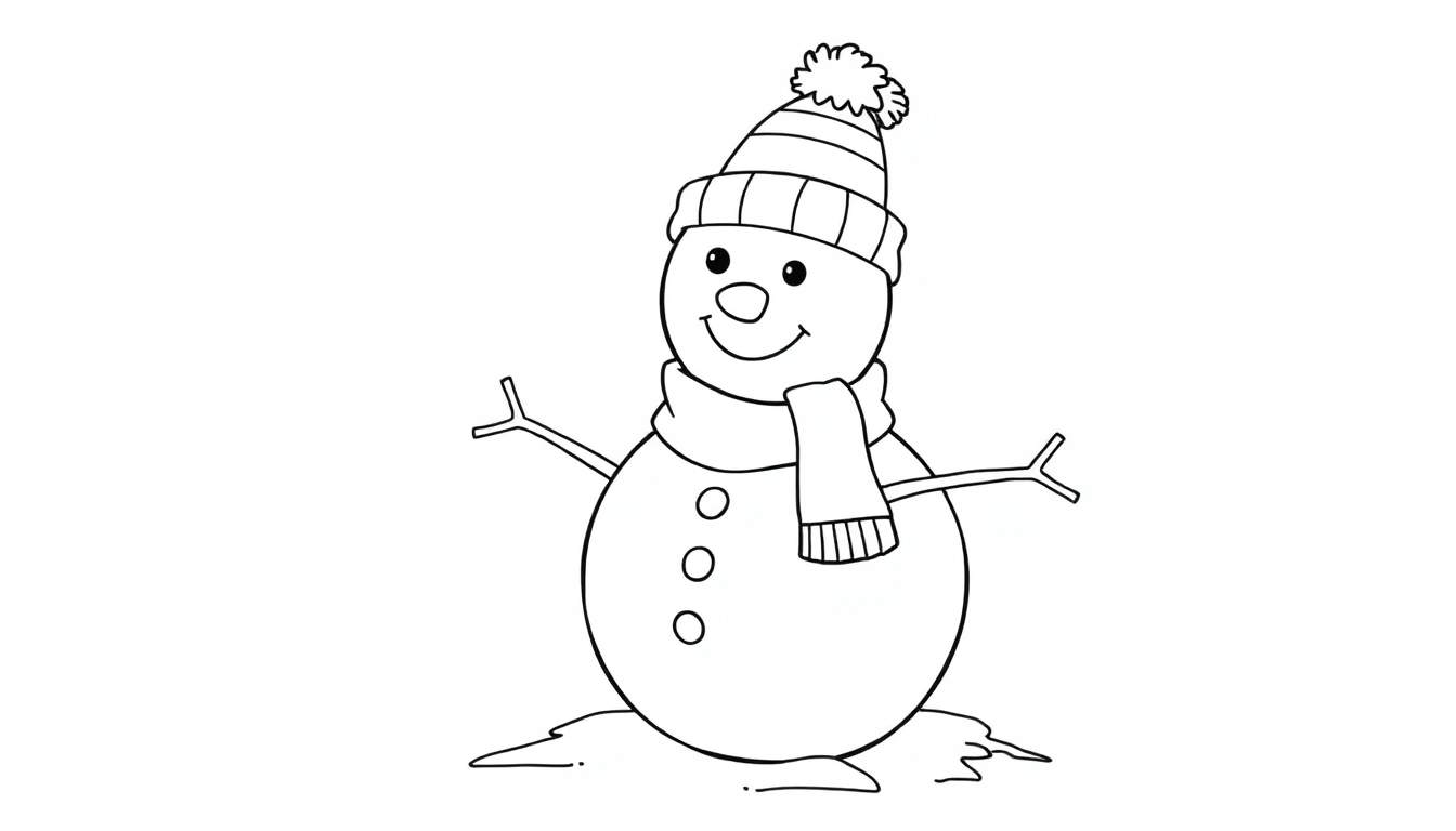 Un muñeco de nieve dibujado en blanco y negro, listo para colorear, con gorro y bufanda.