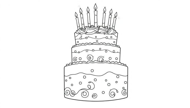 Una placa de color con un dibujo lineal de un pastel de cumpleaños de tres pisos.
