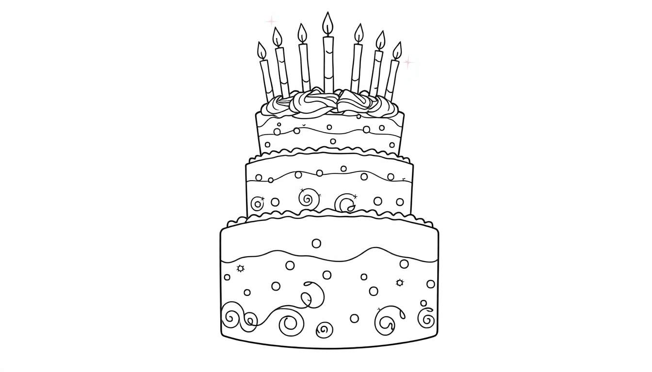 Una placa de color con un dibujo lineal de un pastel de cumpleaños de tres pisos.