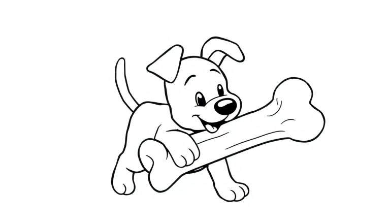 Un perrito sonriente y con la lengua fuera sostiene un gran hueso, listo para colorear en una placa de color.