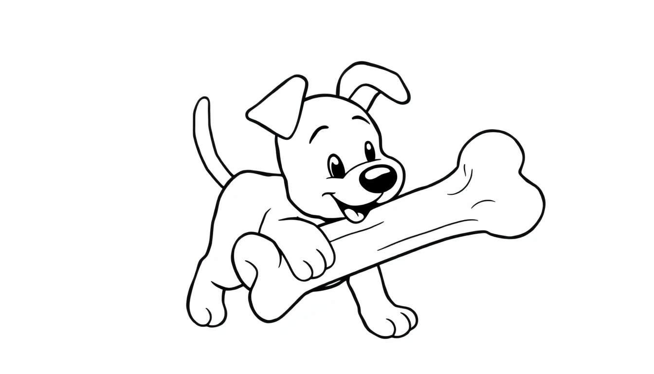 Un perrito sonriente y con la lengua fuera sostiene un gran hueso, listo para colorear en una placa de color.