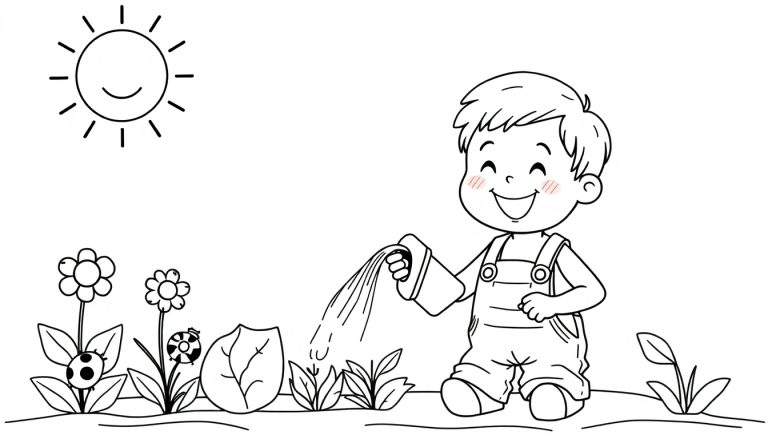 Placa de color para niños: niño feliz regando plantas con un sol sonriente.