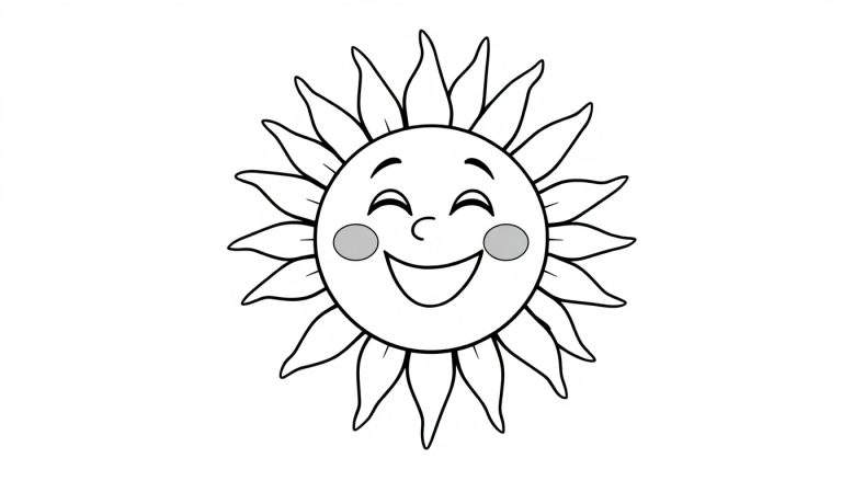 Placa de color de un sol sonriente con círculos rojos en las mejillas y rayos brillantes.