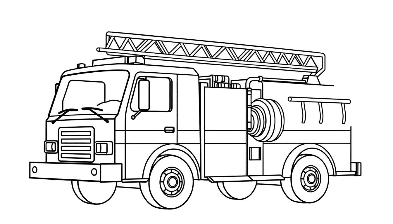 Un camión de bomberos de dibujo lineal en blanco y negro, listo para colorear, con su placa de color visible.