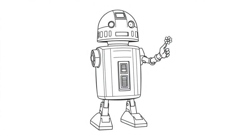 Un robot amigable con contornos gruesos, una cabeza redonda, cuerpo cilíndrico, un brazo extendido sosteniendo una flor y patas cortas. Placa de color para colorear.