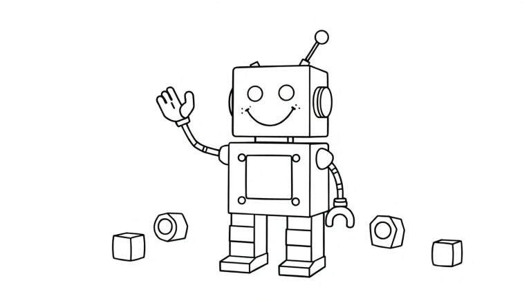 Un robot amigable de dibujos animados con una placa de color, saludando.