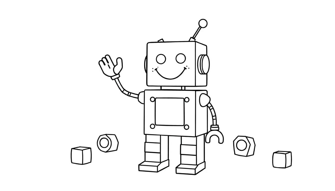 Un robot amigable de dibujos animados con una placa de color, saludando.