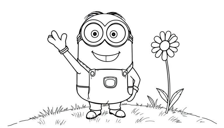 Página para colorear de un Minion saludando, lista para darle vida con la placa de color.