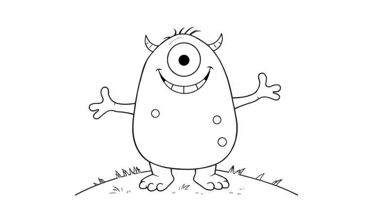 Un dibujo lineal en blanco y negro de un monstruo amigable con un gran ojo y una sonrisa para colorear, listo para ser pintado con su placa de color.