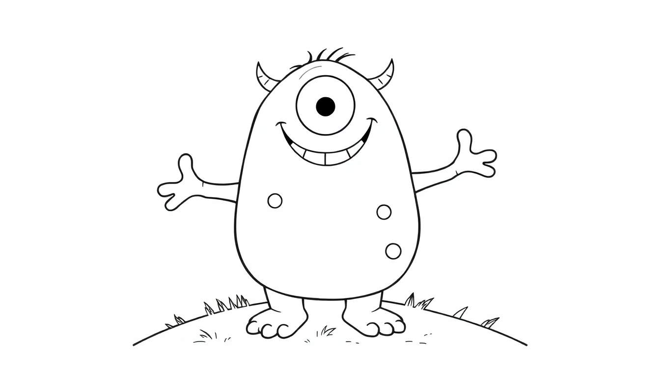Un dibujo lineal en blanco y negro de un monstruo amigable con un gran ojo y una sonrisa para colorear, listo para ser pintado con su placa de color.