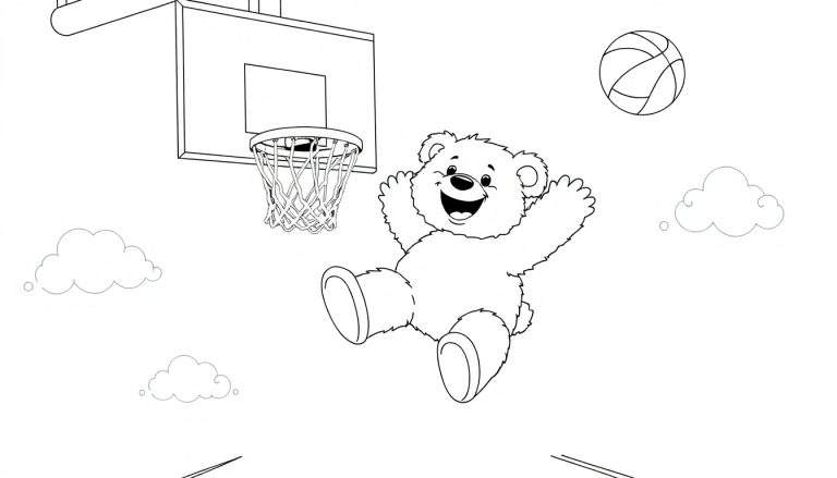 Un osito de peluche feliz saltando con un balón de baloncesto, listo para una placa de color.