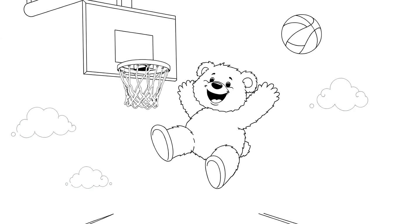 Un osito de peluche feliz saltando con un balón de baloncesto, listo para una placa de color.