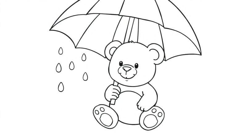 Oso de peluche de la placa de color sentado bajo un paraguas con gotas de lluvia.