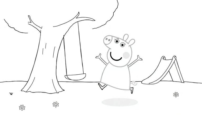 Peppa Pig saltando felizmente junto a un columpio y un tobogán en un parque, lista para colorear.