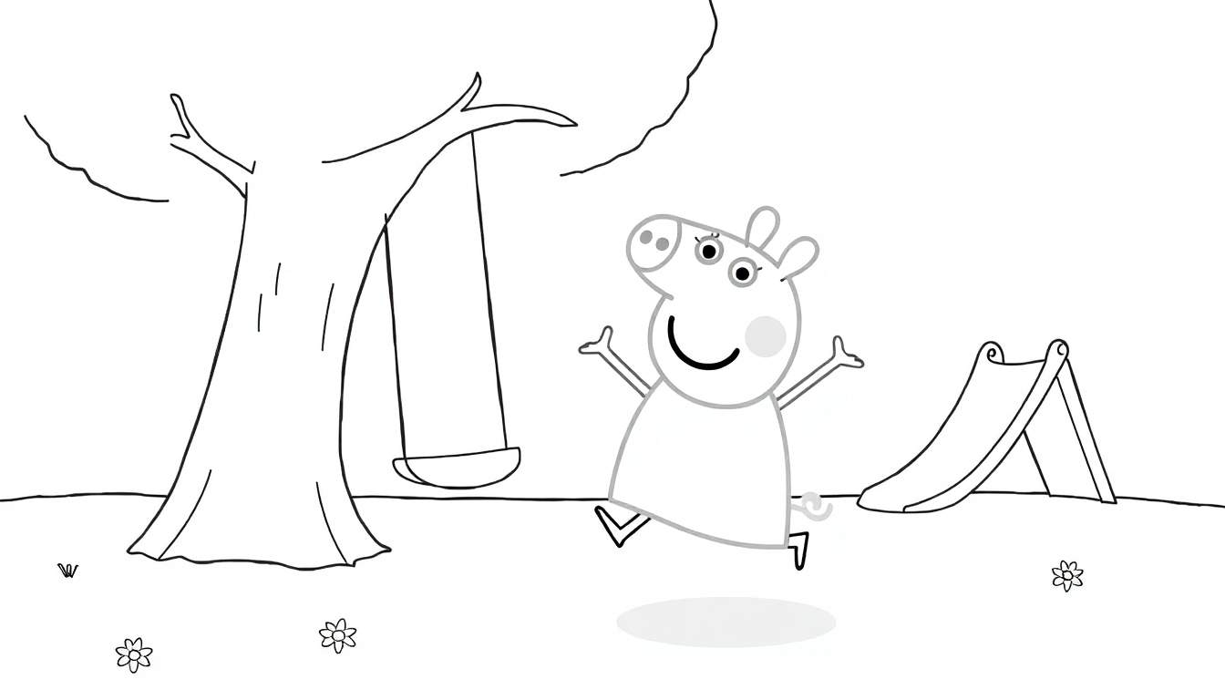Peppa Pig saltando felizmente junto a un columpio y un tobogán en un parque, lista para colorear.