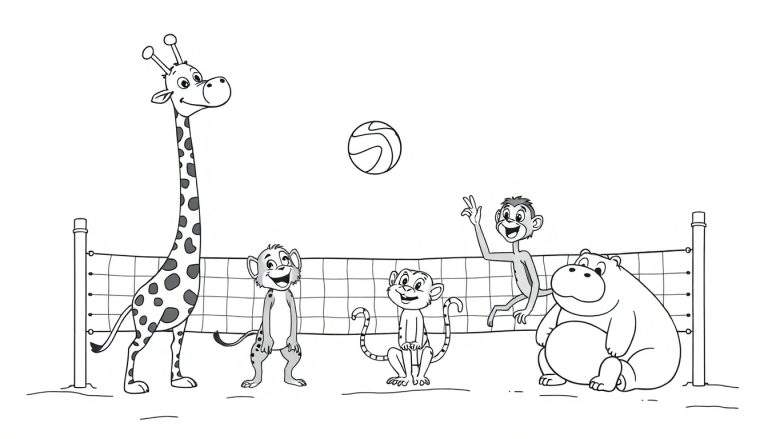 Una jirafa y un hipopótamo jugando voleibol contra tres monos en una playa, para colorear.