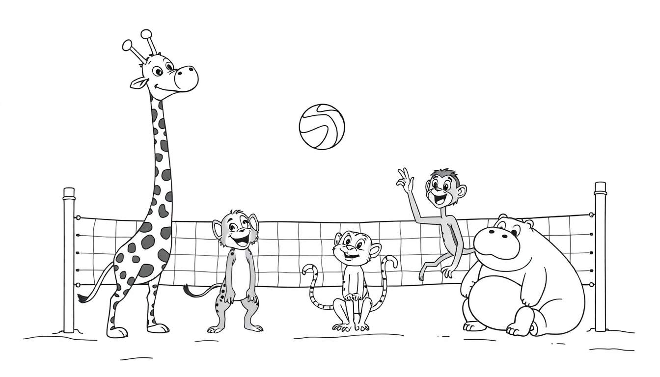 Una jirafa y un hipopótamo jugando voleibol contra tres monos en una playa, para colorear.