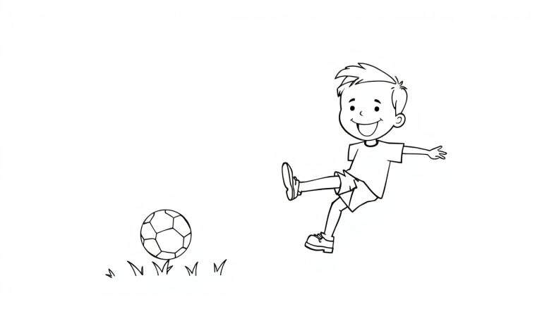 Placa de color: niño sonriente pateando un balón de fútbol.