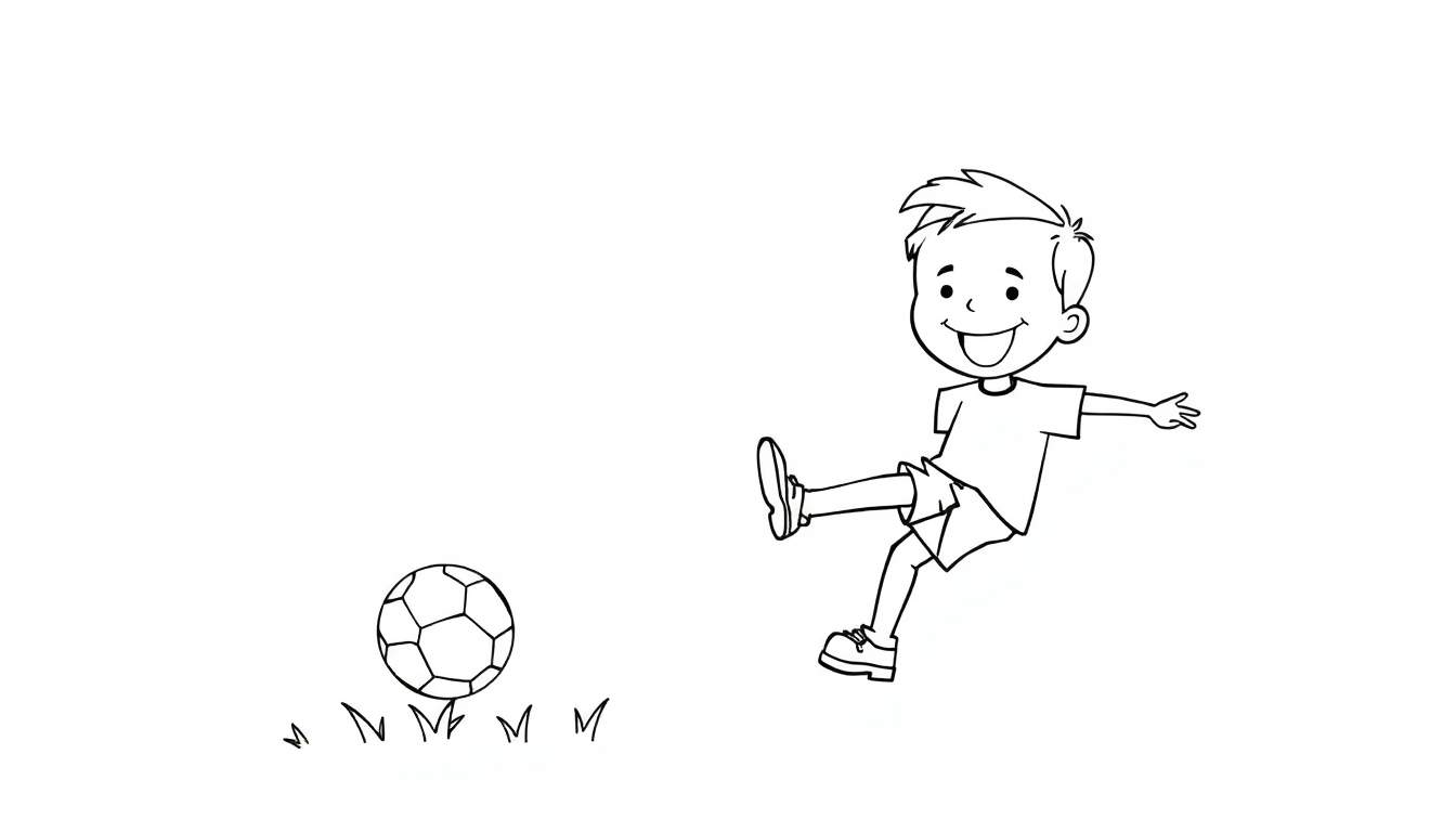 Placa de color: niño sonriente pateando un balón de fútbol.